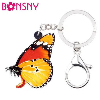 Bonsny Akrilik Parlak Turuncu Kelebek Böcek anahtar zincirleri Anahtarlıklar Yüzükler moda takı Kadınlar Kızlar Için Çanta Çanta Takılar