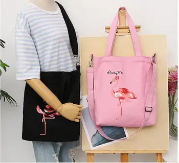 Baskılı Flamingo tuval Kadın omuz çantaları Moda seyahat çantaları büyük boy Tote çanta Rahat alışveriş çantası