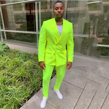 Floresan Yeşil Erkek Takım Elbise Iş Rahat Parti Slim Fit Kruvaze Tepe Yaka 2 Parça (Ceket + Pantolon) kostüm Homme