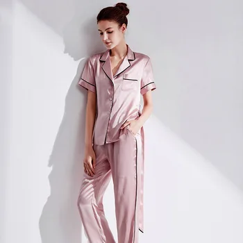 Ipek Kıyafeti Bayan Takım Elbise 100 % gerçek İpek Ev pijama setleri Basit Saf Renk Kısa Kollu Pantolon İki Takım