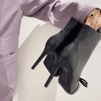 Siyah Yüksek Topuk Çizmeler Sonbahar Yay Sivri Burun yarım çizmeler Kadınlar İçin Seksi stiletto ayakkabılar Pu Deri Bayan Topuklu Bottines Femme