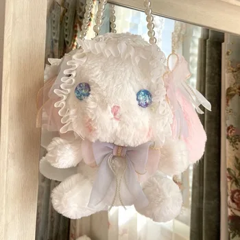 Kız Tatlı Lolita El Yapımı Tavşan askılı çanta Kawaii Peluş Mini Telefon Çanta Cosplay Uzun kulak Tavşan İnci Crossbody Çanta Hediye