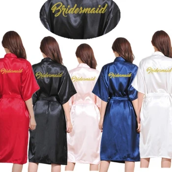 Toptan Nedime Mektup Altın Glitter Kadınlar Saf Renk Uzun Saten Ipek Elbiseler Kimono Gecelik Gelin Spa Parti Bornoz T31