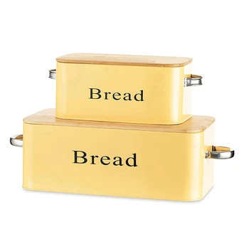 2 Adet Metal Ekmek Kutusu Doğal Bambu Kapaklı Ve Kolları Mutfak Gıda Saklama Kabı Ekmek saklama kutusu