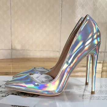 Parlak Renk Sivri Burun Gümüş Yüksek Topuklu Pompalar Kadın Elbise Ayakkabı Patent Deri Balo Düğün parti ayakkabıları Artı Boyutu