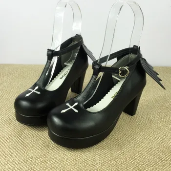 Japon Şeytan Melek Kanatları Tatlı Lolita Prenses Ayakkabı Siyah Gotik Lolita Cosplay Ayak Bileği T-kayışı Çapraz Yüksek Topuklu Ayakkabılar