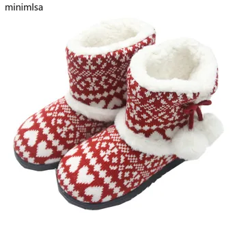 Mınımlsa Bayanlar Ev Yeni Kış Kapalı Ayakkabı yarım çizmeler Artı Kaşmir Sıcak Düz Patik Peluş Kar Botları üzerinde Kayma Örgü Botas