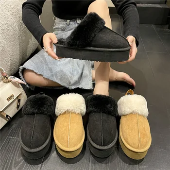 Kış Marka Peluş pamuk terlikler Kadın Flats Ayakkabı 2023 Yeni Moda Platformu Rahat Ev Süet Kürk sıcak Slingback Flip Flop
