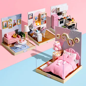 1:12 Mini Ahşap Oyuncak Dollhouses Mutluluk Ev Minyatür Bebek Evi Kiti Ev Modeli Kız Erkek Oyuncaklar Hediye
