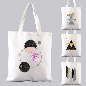 Harajuku Tarzı Yeni Tasarım Geometrik Grafik Baskı alışveriş Çantaları alışveriş çantası omuzdan askili çanta keten çantalar Büyük Kapasiteli Kolej