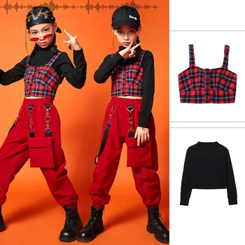 2021 Moda Hip Hop Dans Elbise Kız Kırmızı Kafes Yelek Hiphop Pantolon Takım Elbise Çocuklar Caz Performansı Kostümleri Sahne Kıyafetler DQS6292