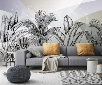 Iskandinav soyut geometrik tropikal yağmur ormanları muz yaprağı kanepe TV arka plan duvar özel büyük duvar siyah ve beyaz duvar kağıdı