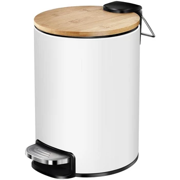 Paslanmaz Çelik çöp tenekesi Bambu Kapaklı 3L Step-on çöp konteyneri çöp kutusu Mutfak Banyo Yatak Odası için Beyaz