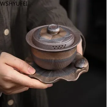 NLSLASI Retro Seramik gaiwan çay bardağı el yapımı kasesi kapaklı kase çin çay kase tabağı Jingdezhen çay seti drinkware Kişisel Bardak