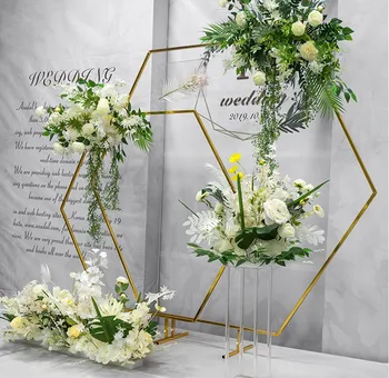Düğün arka planında demir akrilik çerçeve geometrik kemer T sahne dekor sahne düğün çiçek rafı parti masa centerpieces kek standı