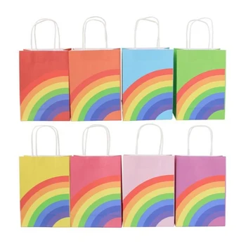 16 adet Gökkuşağı Kağıt Torbalar Hediye Kraft kulplu çanta DIY Zanaat Çocuk Alışveriş Çantaları Doğum Günü Düğün Parti Favor Depolama