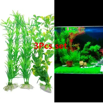 3 Adet Set Uzun Yeşil Plastik Yapay Su Bitkileri İçin Seramik Taban ile akvaryum balık tankı Dekorasyon 13.8 