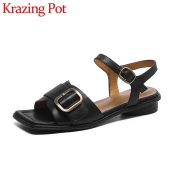 Krazing Pot Hakiki Deri Peep Toe Düşük Topuk Toka Askı Yaz Ayakkabı Genç Bayan Streetwear Retro Moda Kadın Sandalet L12