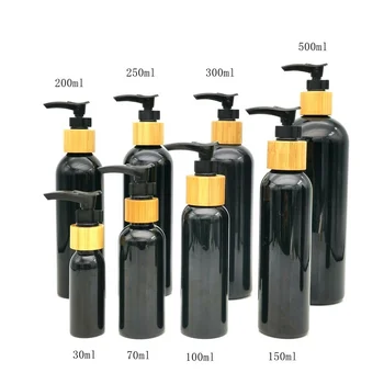 Serigrafi 200ml 500ml Plastik PET Siyah Şişe Bambu Siyah Pompa Kapakları Cilt Bakımı için Ambalaj Losyon Şampuan Şişeleri