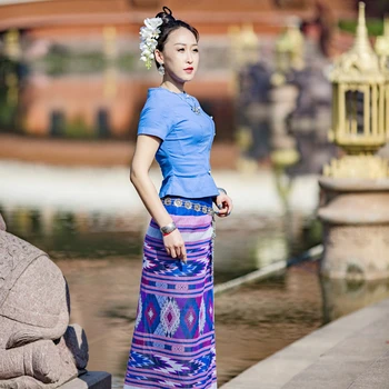 Tayland Geleneksel Giyim Kadınlar için Ahom Shan Dai Custuomes Retro Yaz Tay Elbise Bayanlar Tayland Giyim