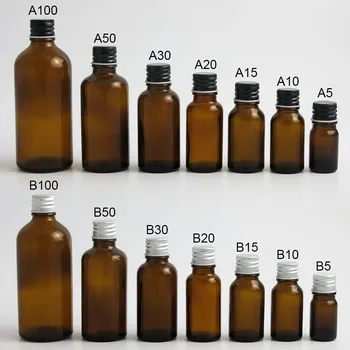 Boş amber cam uçucu yağ şişesi kapları alüminyum kapaklı insert ile 5ml 10ml 15ml 20ml 30ml 50ml 100ml 12 adet