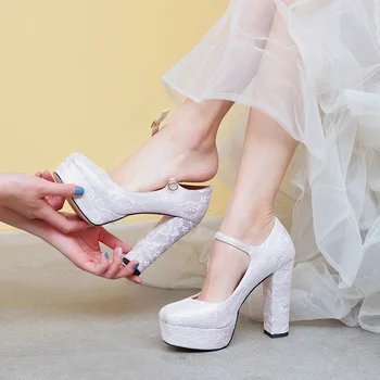 Bahar dantel kalın topuklu yüksek topuklu su geçirmez platformu toka kemer rahat gelin düğün ayakkabı ziyafet elbise kadın ayakkabısı