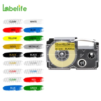 Labelife 1 ADET XR12WE Renkli Uyumlu CASİO XR-12WE Siyah Beyaz 12mm * 8m etiket bant için KL - 60 KL-60SR Etiket Makineleri