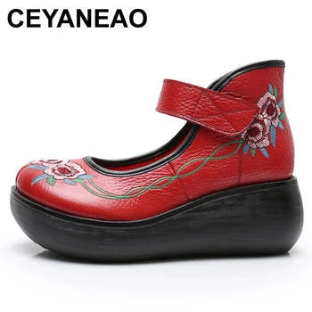CEYANEAO Retro Hakiki deri ayakkabı Kadınlar için xifairy g Ulusal Tarzı Nakış Ayakkabı Kalın Deri Kama Ayakkabı Kadınlar için