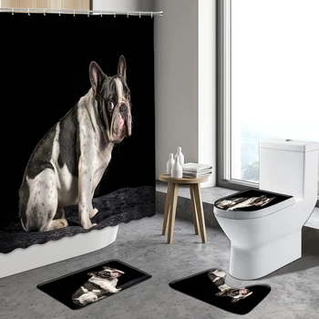 Yaratıcı Köpek Duş Perdesi Hayvan Siyah Ev Dekor Bulldog Perdeleri Banyo Seti kaymaz Halı Tuvalet kapak Banyo Paspasları Halı