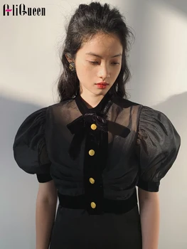 Yaz Seksi Kadın Puf Kollu şeffaf ağ Jartiyer Içinde Yay Boyun Gömlek Kore Siyah Bluzlar 2 ADET Kırpılmış Blusas Tops