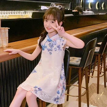 Kızlar Modern Şampanya Nakış Qipao Elbise Çin Tarzı Resmi Sevimli Kostüm Yürümeye Başlayan Çocuk Cheongsam doğum günü hediyesi
