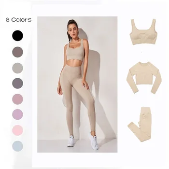 Kadın Nervürlü Dikişsiz Yoga Setleri Takım Elbise Egzersiz Kırpma sutyenler Uzun Kollu Gömlek Dikişsiz Tayt Spor Seti