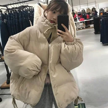 Kadın Pamuk Sıcak Ceketler Giyim Kore Yaylar Dantel-up Tatlı Öğrenci Pembe Kalın Kadın Kış Gevşek Büyük Boy Mont