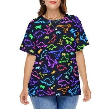 Neon Dinozorlar T-Shirt Gökkuşağı Hayvan Baskı Sevimli kısa kollu t-shirt Temel Tshirt Kadın Yaz baskılı giysiler Artı Boyutu