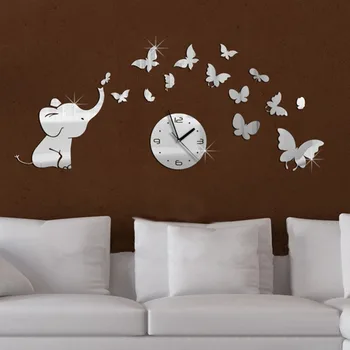 Bebek Fil ve Kelebekler Sanat Modern Lüks Tasarım DIY 3D Kristal Ayna duvar saati Duvar Sticker Oturma Odası yatak odası dekoru