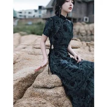 Vintage Koyu İçi Boş Kravat boya İnce Kısa kollu Cheongsams Femme 2022 Yaz Geliştirilmiş Ziyafet Abiye Online Alışveriş Çin