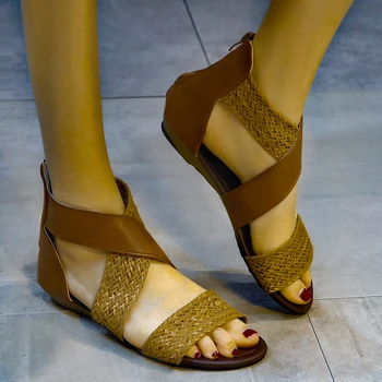 Kadın Roma Terlik 2022 Yaz Yeni Burnu açık Örgü Geri Zip Düz alçak topuklu sandalet Kadın Moda Rahat Artı Boyutu Sandalet