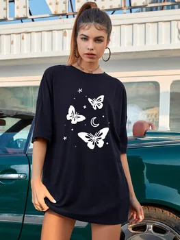 Kelebek ve ay Boy Tee Dans İskelet Vintage Inspired Pamuk streetwear tişört Unisex rahat gotik moda tees