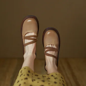 Retro Moda kadın Yuvarlak Ayak Kalın tabanlı tek ayakkabı kadın Yeni Slip-on Yumuşak tabanlı ayakkabı Sapanlar ile kadın Tek Ayakkabı
