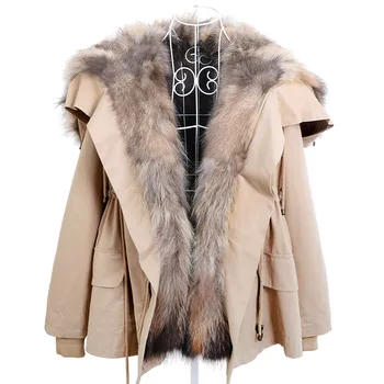 MAOMAOKONG Kış astarlı palto sıcak doğal rakun kaldırma astar Kadın kürk ceket kadın deri ceket kış giysileri parka
