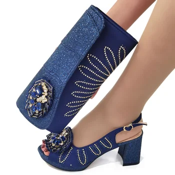 Mükemmel Payetler Mükemmel En Son Özel Dar Bant Ve Çapraz Bağlı Stil Kadın Ayakkabı ve çanta seti D. Parti için Mavi Renk