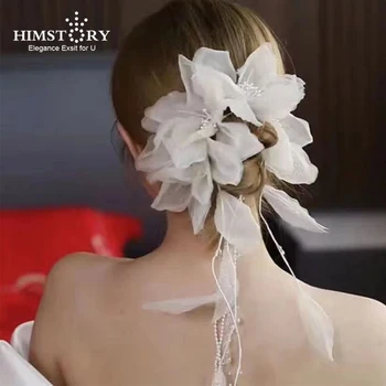 HIMSTORY Beyaz Tiara Kafa Bandı El Yapımı ipek iplik Büyük Çiçek Hairband Gelin düğün elbisesi Aksesuarları