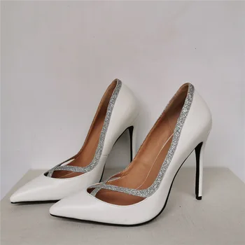 Kadın Beyaz Patchwork Sivri Burun Sandalet Yaz Moda Açık Kızlar Kapak Topuk Düğün Ayakkabı Bayanlar Zapatos Mujer