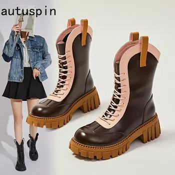Autuspin Kış Kadın Orta Buzağı Çizmeler Üst Deri Kalın Topuklu rahat ayakkabılar Ofis Bayanlar Retro Yuvarlak Ayak Tüm Maç Çizme Ayakkabı