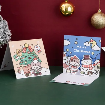1 takım Yaratıcı Sevimli Karikatür Üç Boyutlu Noel Kartı Şükran Kartı Öğrenci Zarif Hediye Noel El Yapımı Hediye