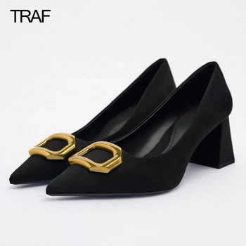 TRAF 2022 Siyah Topuklu Zarif Kadın topuklu ayakkabılar Moda Yüksek Topuklu Ofis Düğün Ayakkabı Gelin Kadın Pompaları Blok Yüksek topuklu