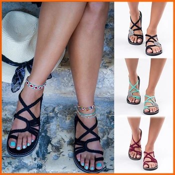 Boho Kadın Sandalet Gladyatör Yaz Rahat Plaj Kadın Ayakkabı Roma Düz Sandalet Dantel-Up Plaj Rahat Sandalet Kadın