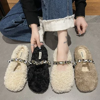 Kış kadın Şerit Zincir Flats Ayakkabı Peluş Kadın Düz Açık Sıcak Katır Slingback Ayakkabı Şık Kaymaz Bayan Terlik