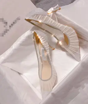 kadın beyaz dantel yüksek topuk Düğün ayakkabı seksi beyaz gümüş dantel sivri burun gelin ayakkabıları nedime düğün ayakkabı kadın