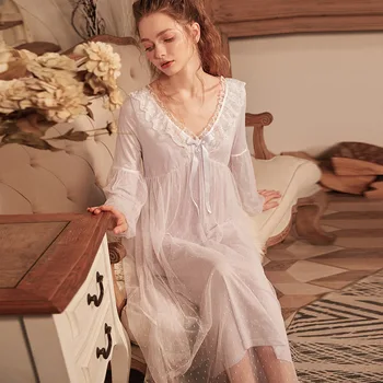 Örgü Zarif Gecelik Tam Kollu Sleepshirts Vintage Kadınlar Uyku Elbise Samimi Iç Çamaşırı Samimi Iç Çamaşırı Pijama Salonu Aşınma